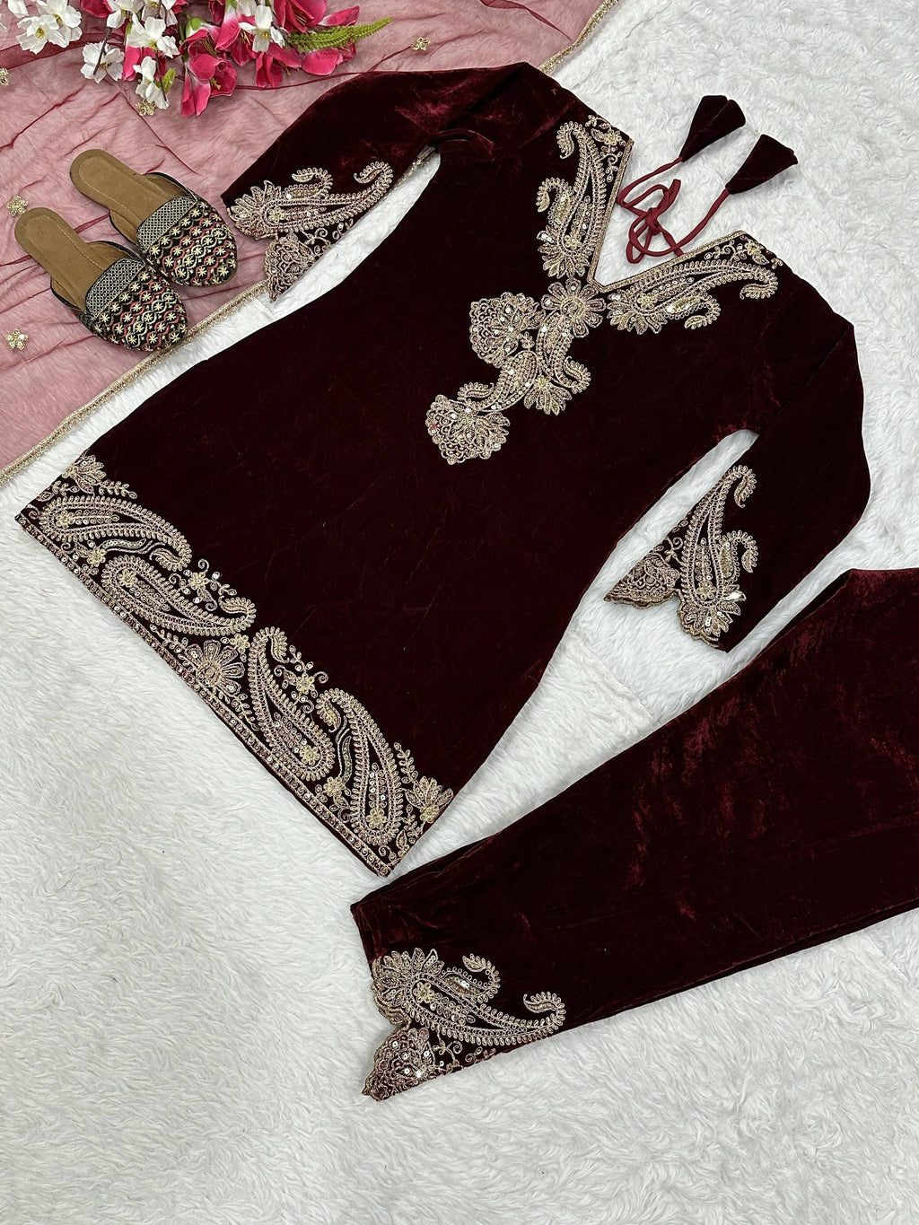 Vastranavya Wine Viscose Velvet Cording Sequence Embroidery Work Suit-Bottom With Dupatta