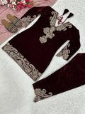 Vastranavya Wine Viscose Velvet Cording Sequence Embroidery Work Suit-Bottom With Dupatta