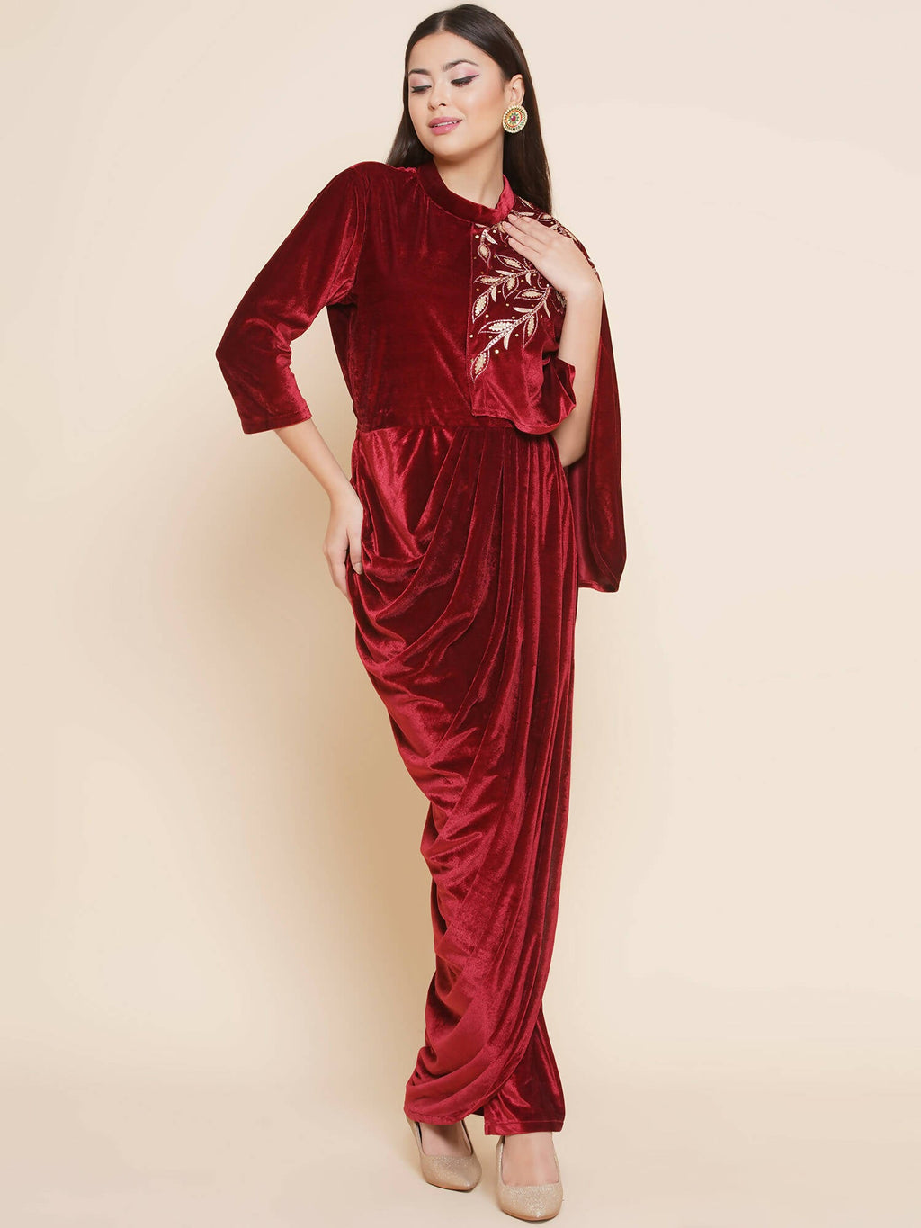 Women Republic Maroon Velvet Drape Styel Gown