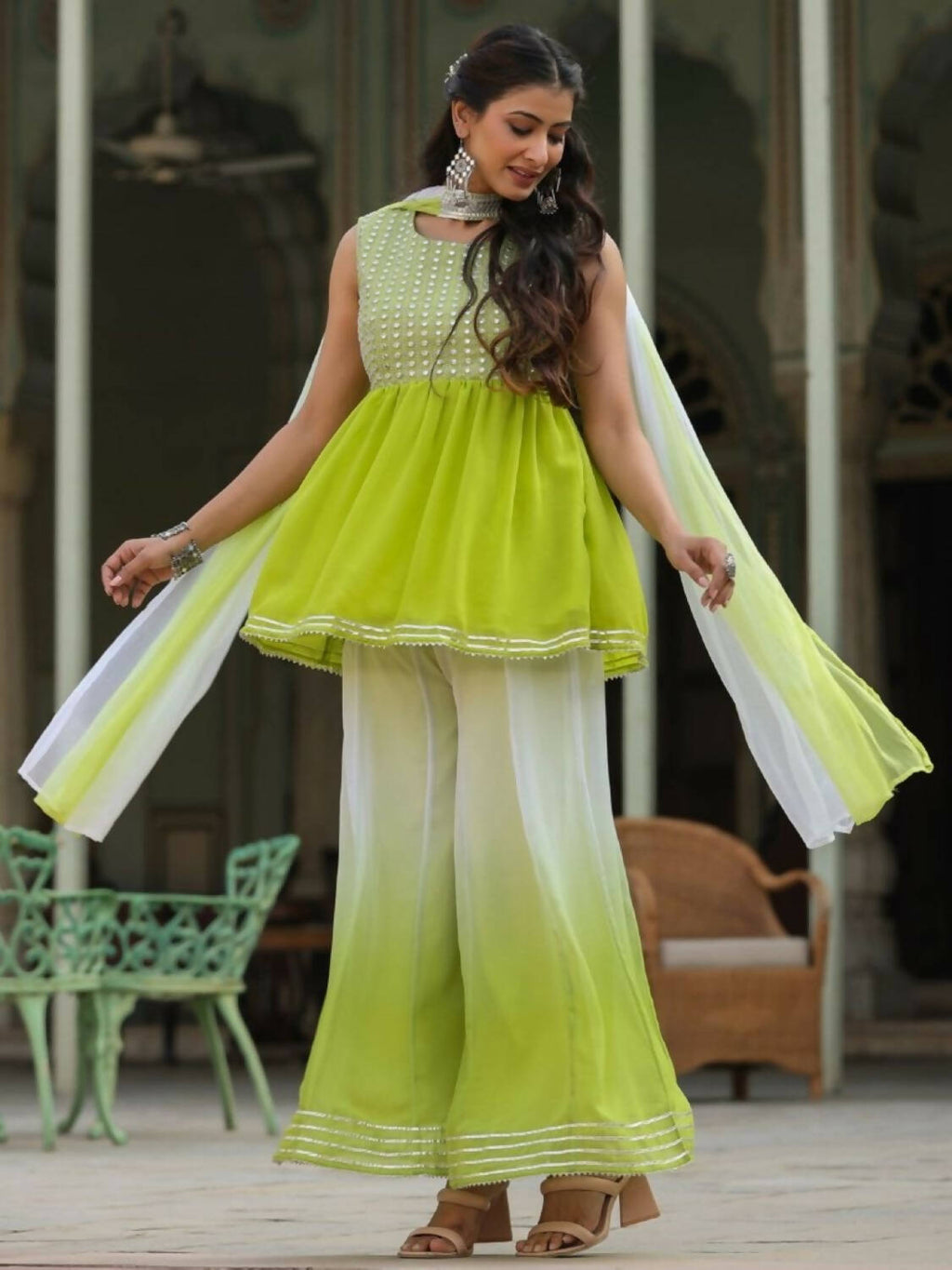 Juniper Women Green Georgette Embroidered Kurta, Palazzo and Dupatta Set