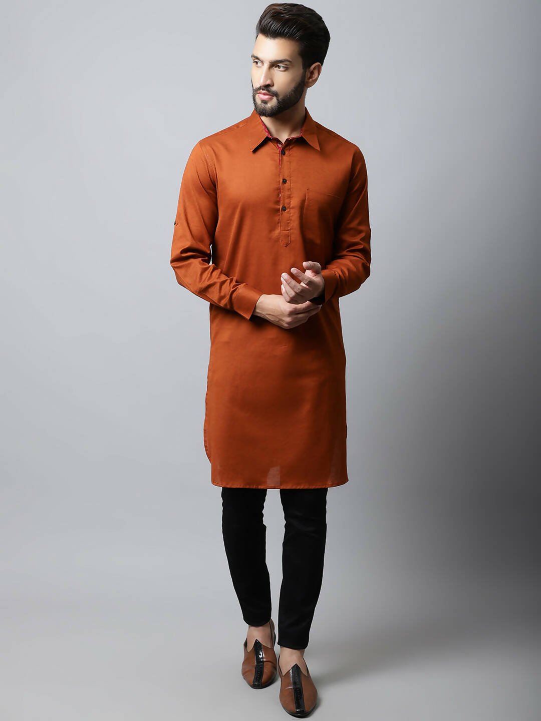 Even Apparels Brown Color Pure Cotton Solid Men's Kurta With Shirt Collar (SLD1137)