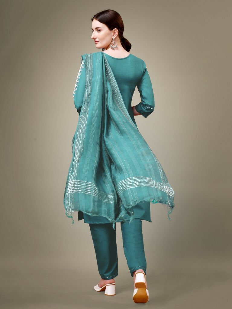 Jyoti Fashion Women's Teal Cotton Blend Embroidery & Sequence work Kurta with Trouser & Dupatta