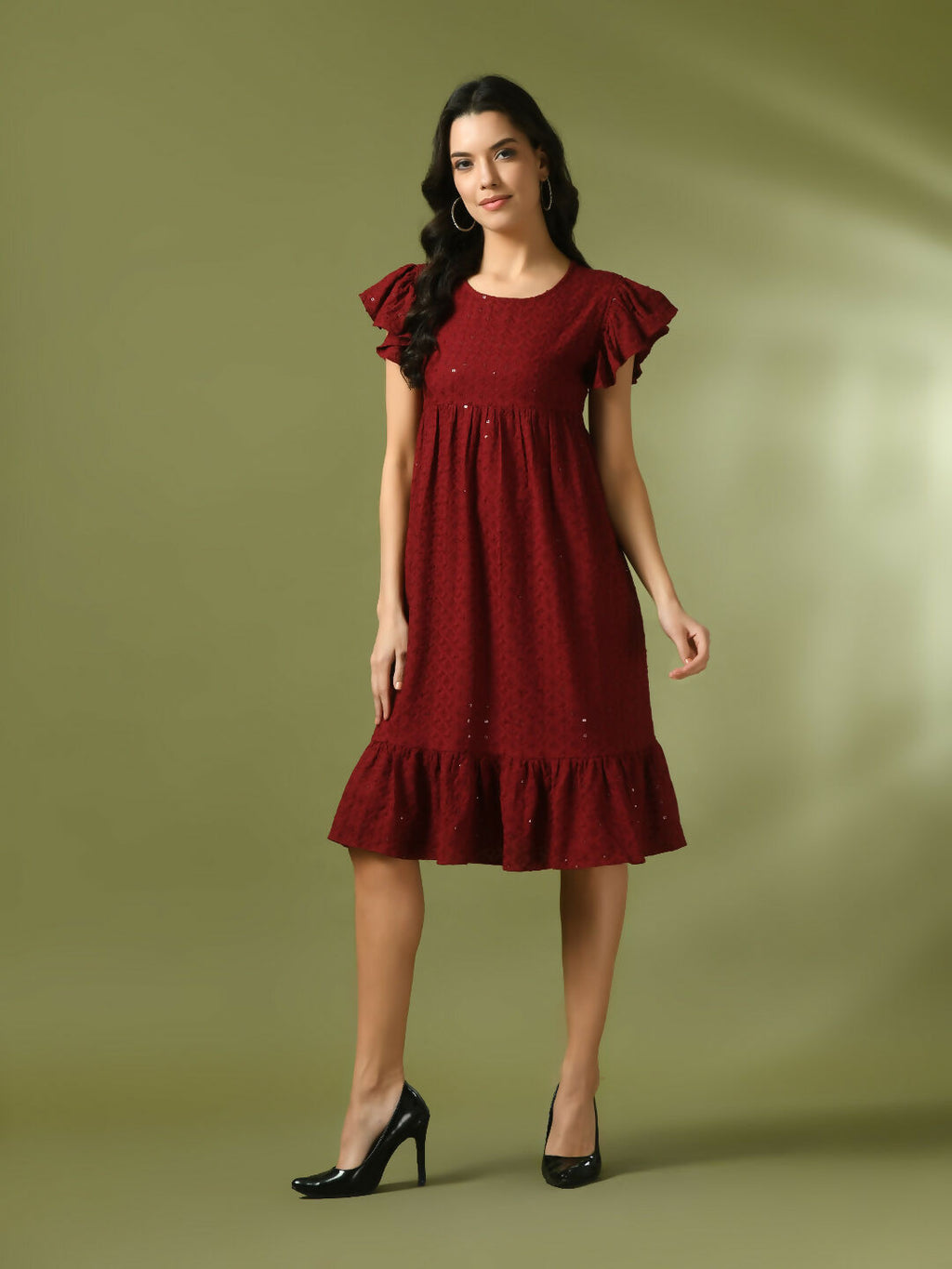 Myshka Women's Maroon Embroidered Cotton Round Neck A-Line Party Dress