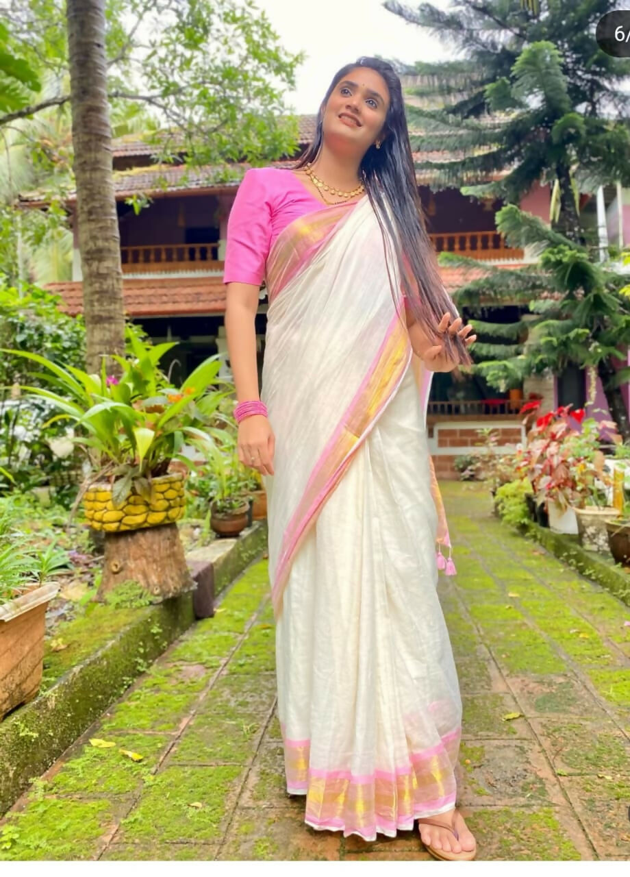 Exclusive Collection Beautiful White Pink Pure Cotton Hand Weaving Handloom Saree With Running Blouse Piece