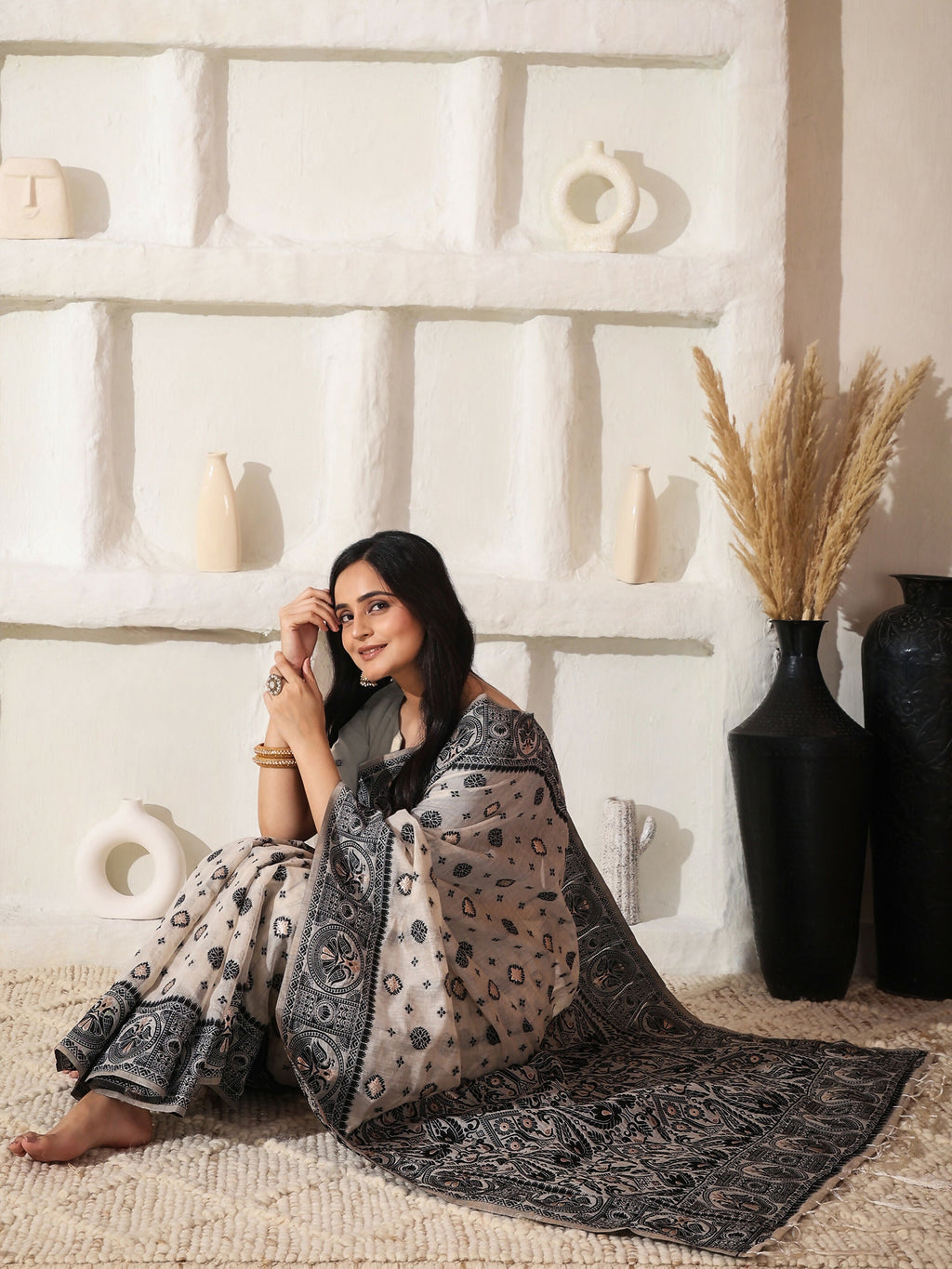 Shree Shyam Fashion Linen Cotton Black & Cream Saree