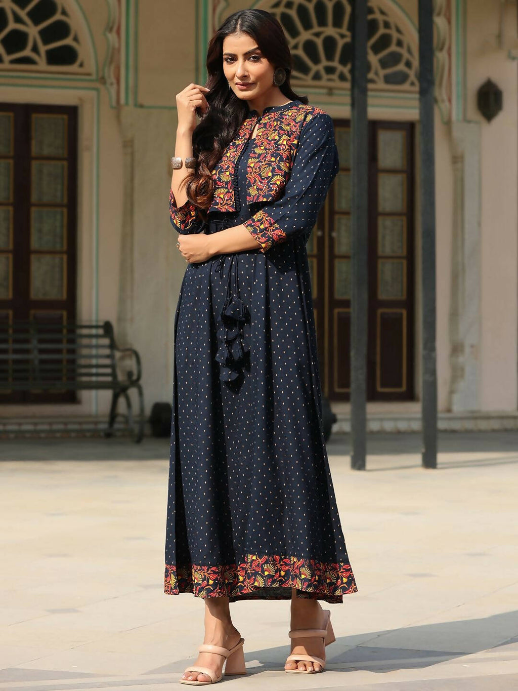 Juniper Women's Blue Rayon Festive Printed Flared Dress