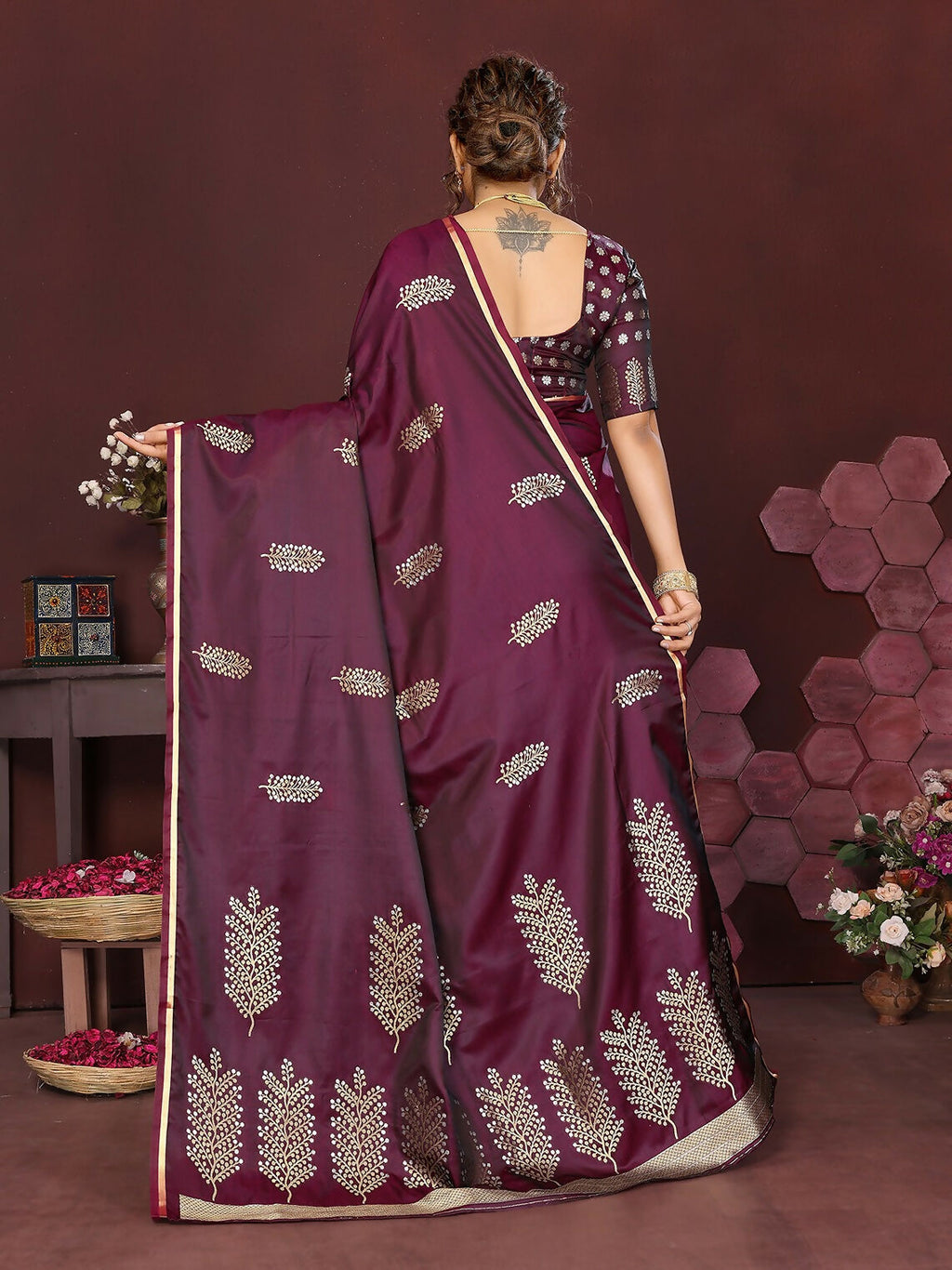 Joban Fashion Wine Floral Motifs Banarasi Silk Sarees