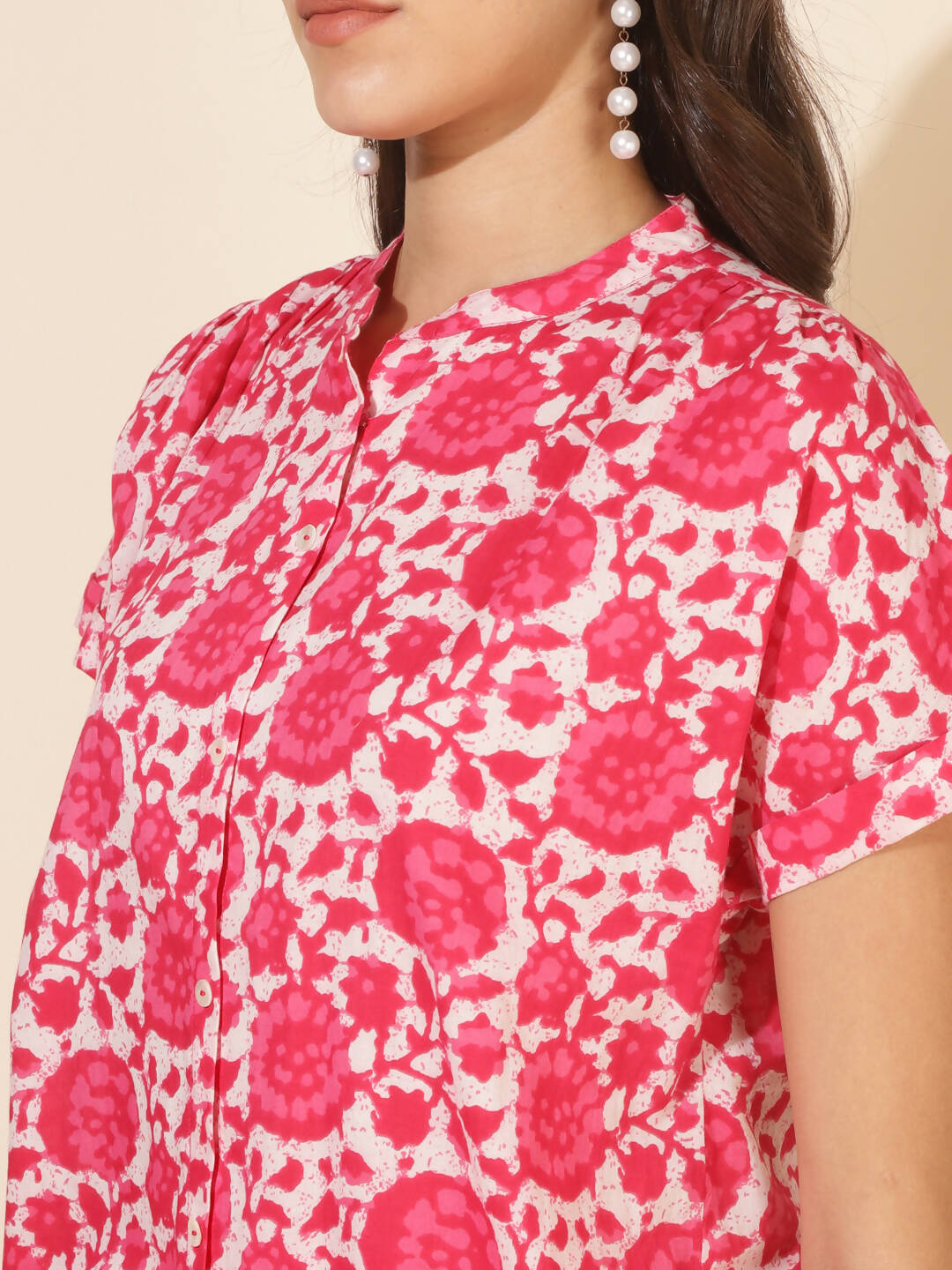 Janasya Women's Pink and White Cotton Printed Casual Regular Co-ords