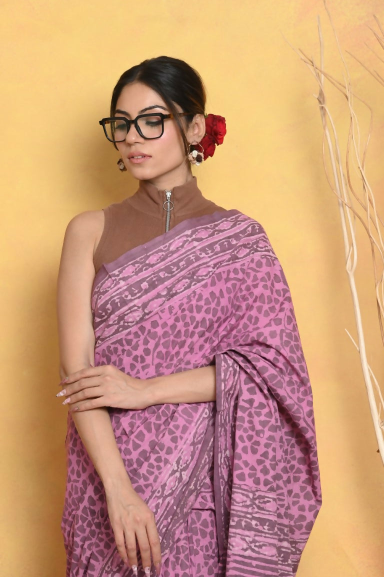 Very Much Indian Handblock Printed Cotton Saree With Natural Dyes - Pink