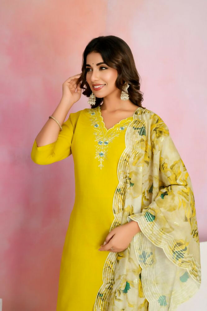 Ethnic Festive Wear Viscose Chanderi Yellow Stitched Suit With Dupatta - Tanisha