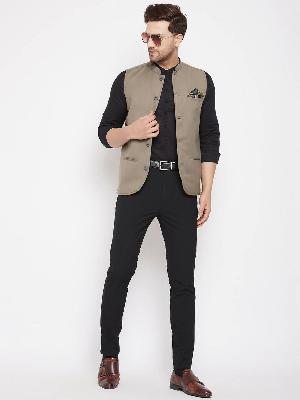 Even Apparels Beige Merino Men Woven Nehru Jacket