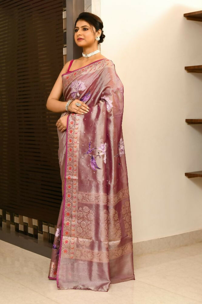 Joban Fashion Purple Saree Tissue Applick With Mirror