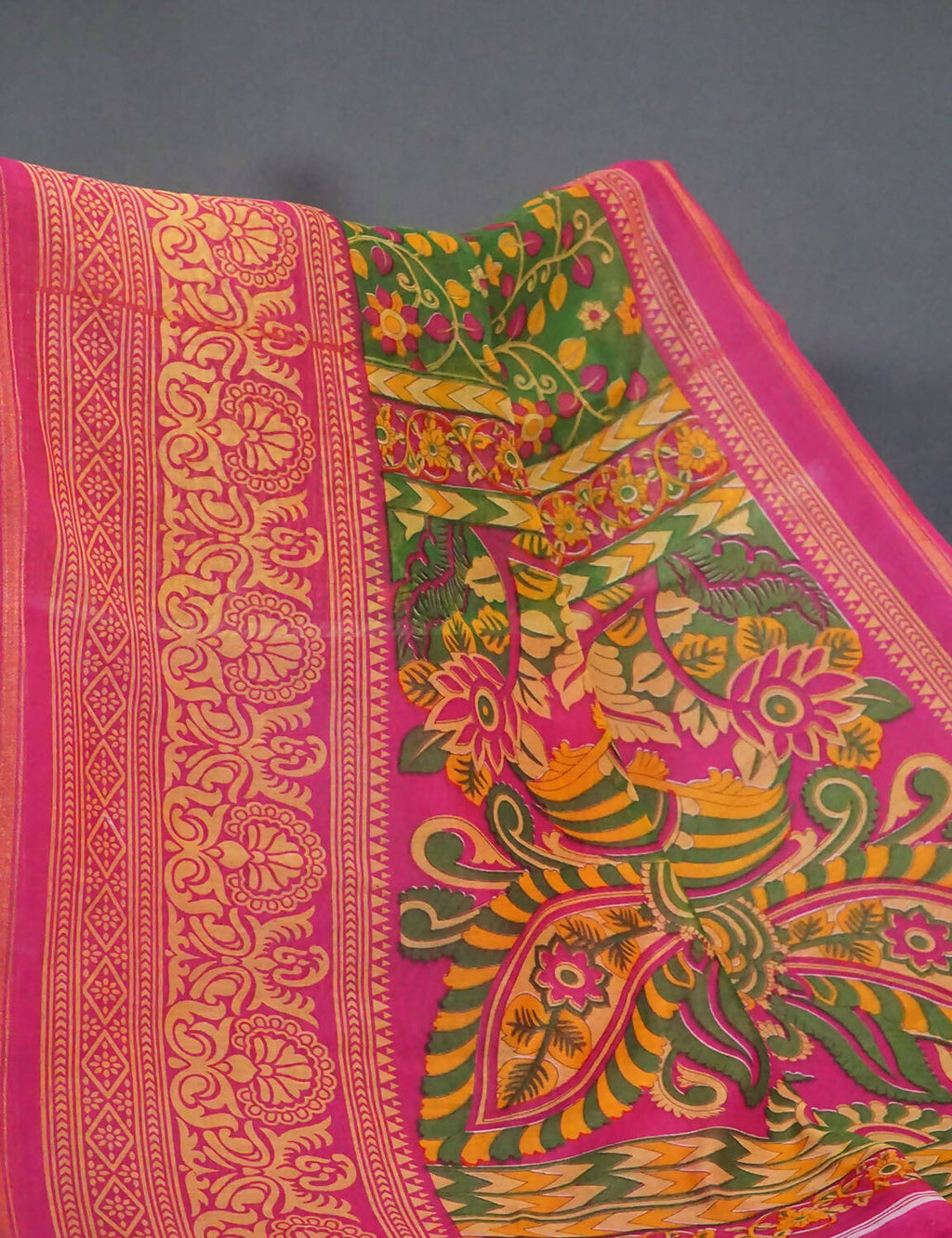 Shades Of Leaf Green Kalamkaari Design Semi Chanderi Saree With Contrast Blouse By Gayathri Reddy Designer Studio