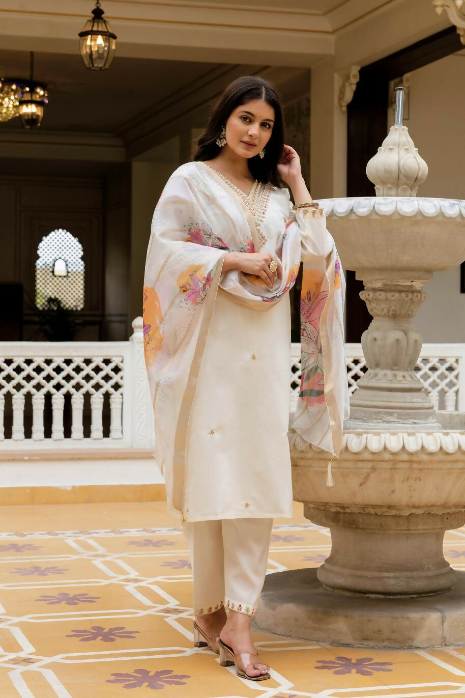 The52 White Women's Beautiful Viscose Chanderi Fabric Embroidered Work Straight Kurta Pant and Dupatta Set