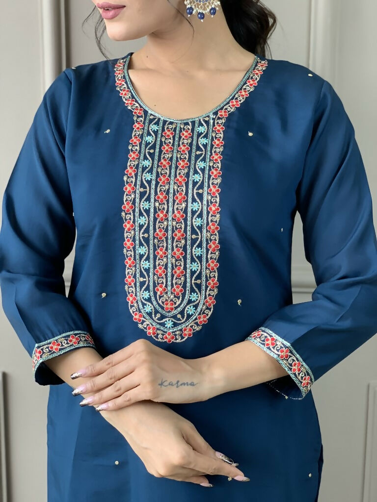 Blue Viscose Chanderi Stitched Suit With Dupatta - Tanisha