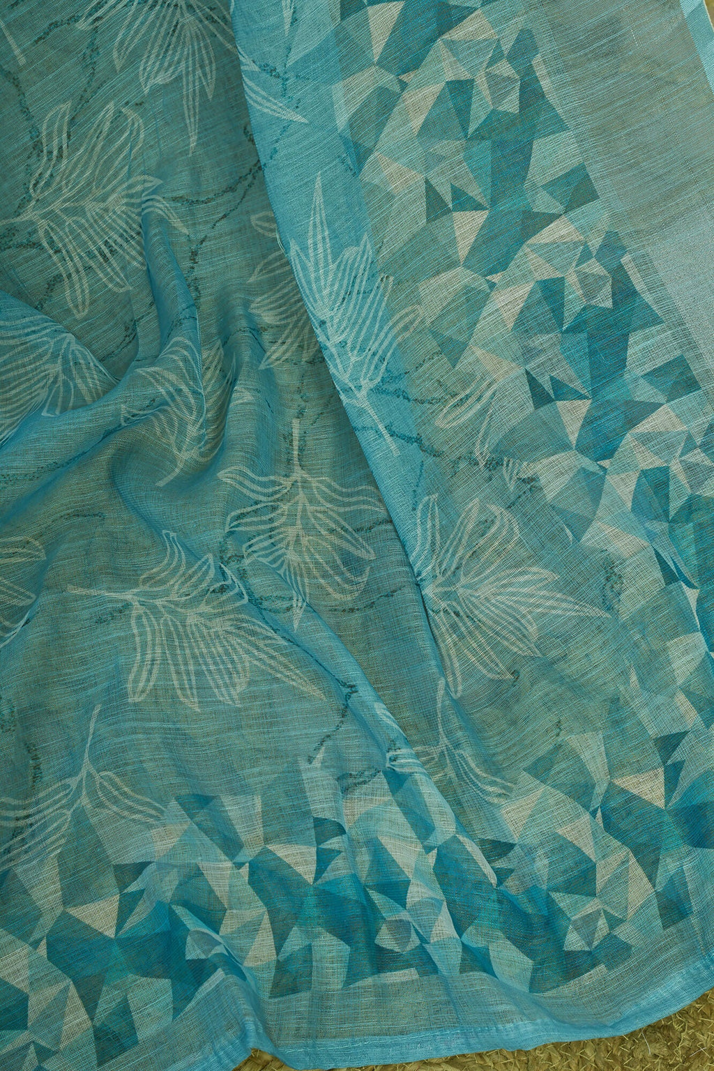 Vastranavya Sky Blue Digital Printed Linen Ready To Wear Designer Saree with Unstitched Blouse