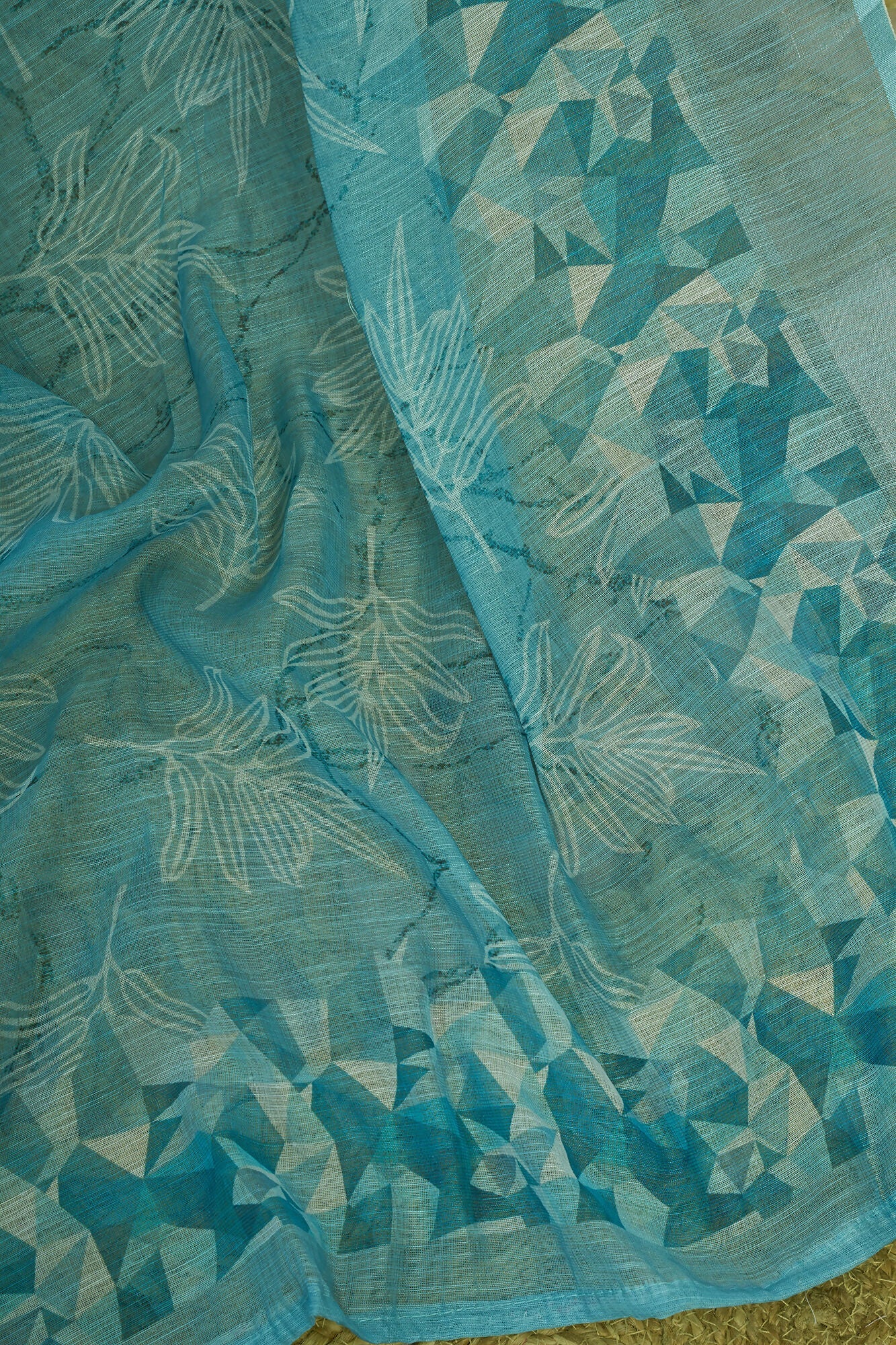 Vastranavya Sky Blue Digital Printed Linen Ready To Wear Designer Saree with Unstitched Blouse
