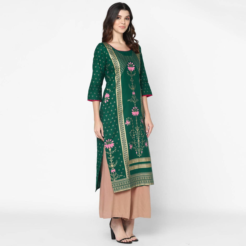 Cheera Hand Block Print Green & Skin Color Straight Kurta With Palazzo (MAAI-089K)