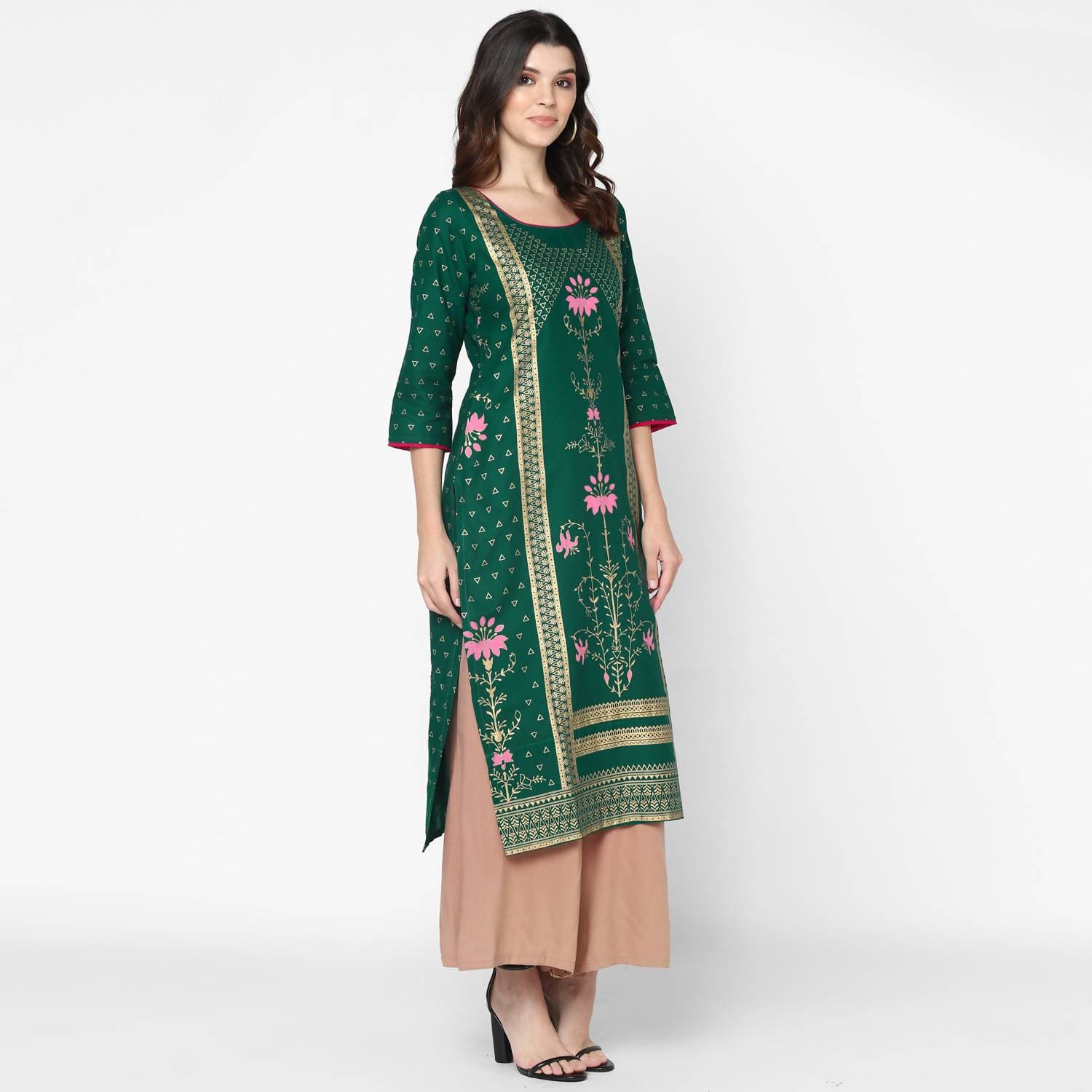 Cheera Hand Block Print Green & Skin Color Straight Kurta With Palazzo (MAAI-089K)