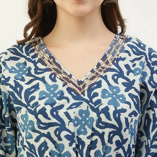 FIORRA Women's Printed Pure Cotton Kaftan Kurta - Blue