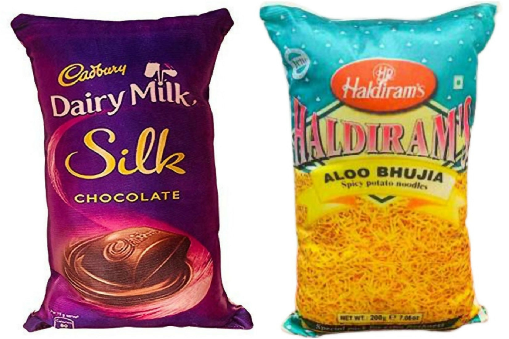 Unique Fashion Pack of 2 Microfibre Filled Reversible Cushion For Kids - Dairy Milk Silk And Haldiram