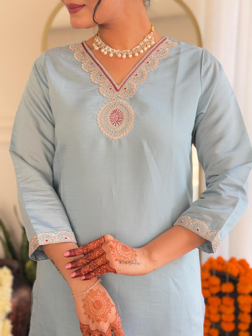 The52 Embroidered Roman Silk Fabric Straight Kurta, Pant and Dupatta Set