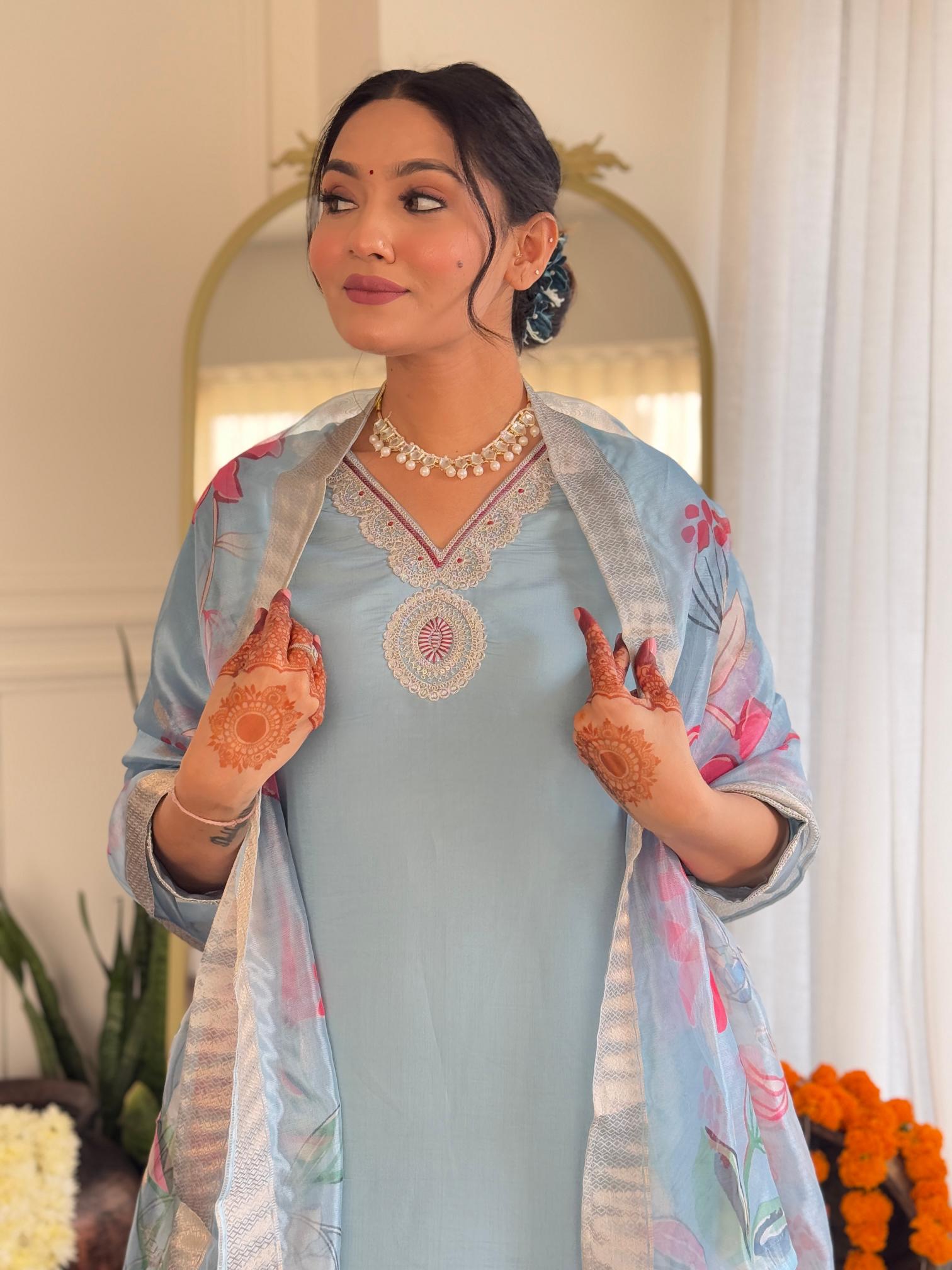 The52 Embroidered Roman Silk Fabric Straight Kurta, Pant and Dupatta Set