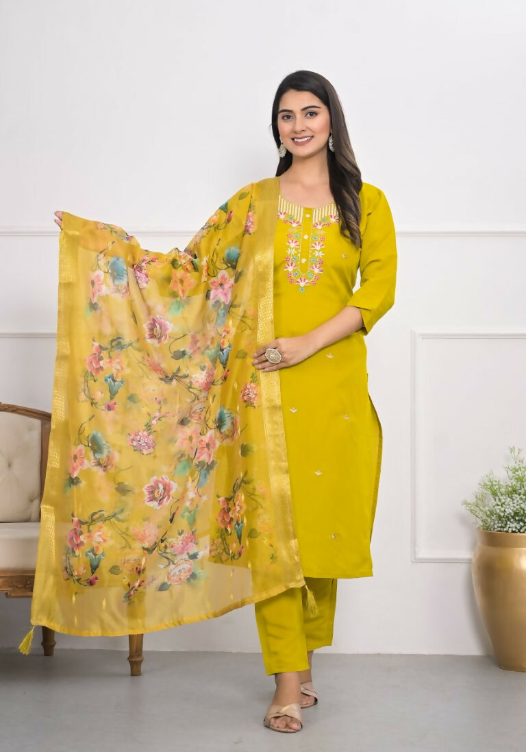 Yellow Viscose Silk Embroidery with Thread and sequence Stitched Suit With Dupatta - Tanisha