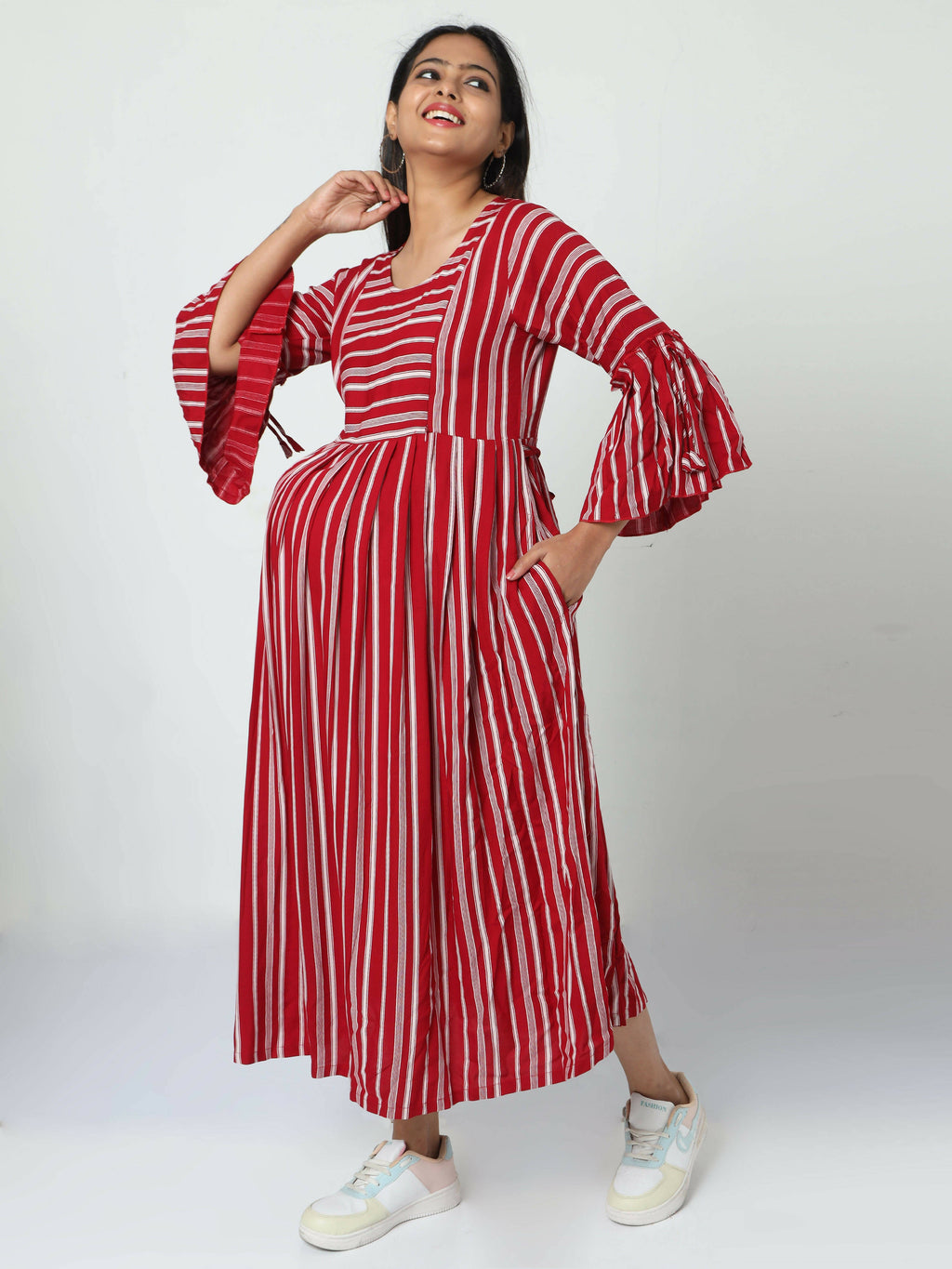 Manet Three Fourth Maternity Dress With Concealed Zipper Nursing Access - Red