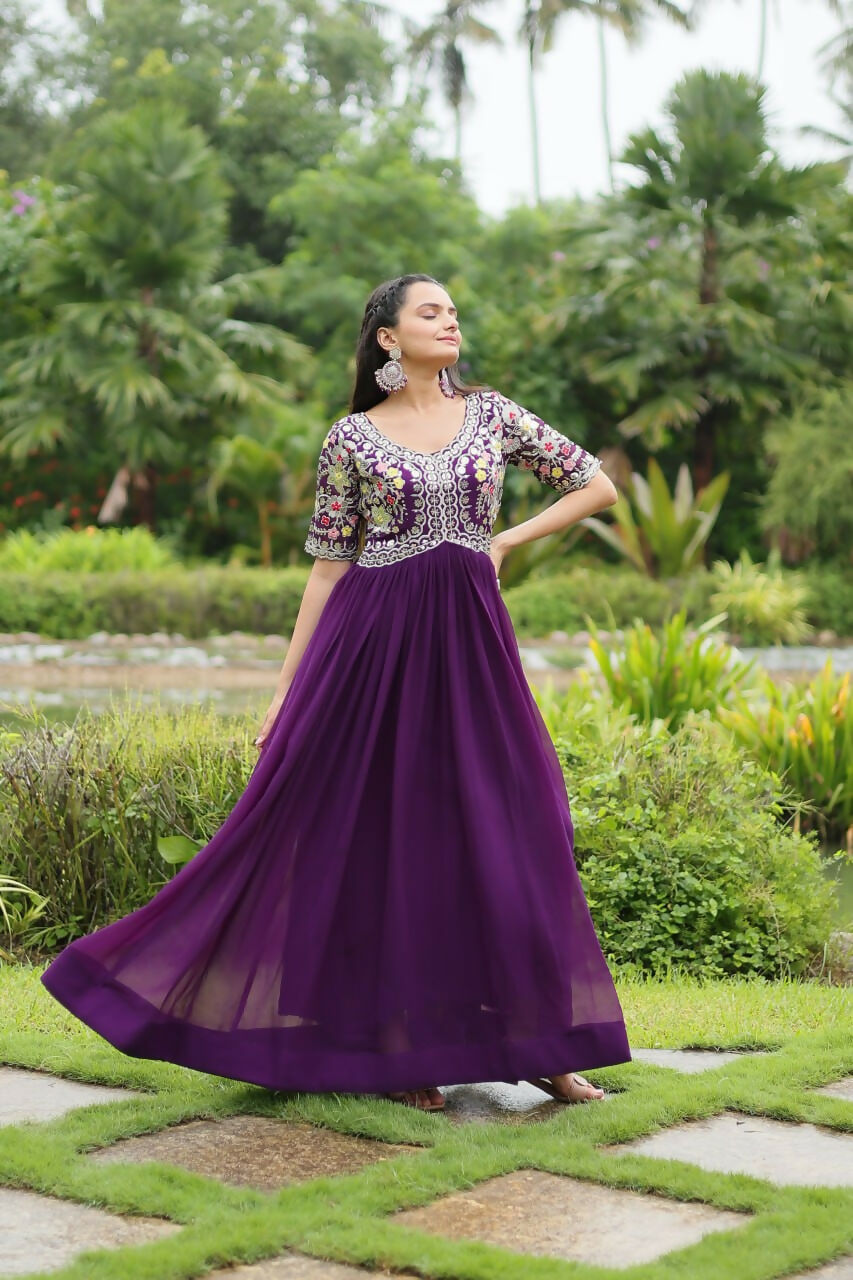 Vastranavya Faux Blooming with Embroidery Zari Sequins-work Gown - Purple