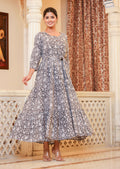 Kaajh Women's Grey Ethnic Floral Hand Block Print Cotton Dress