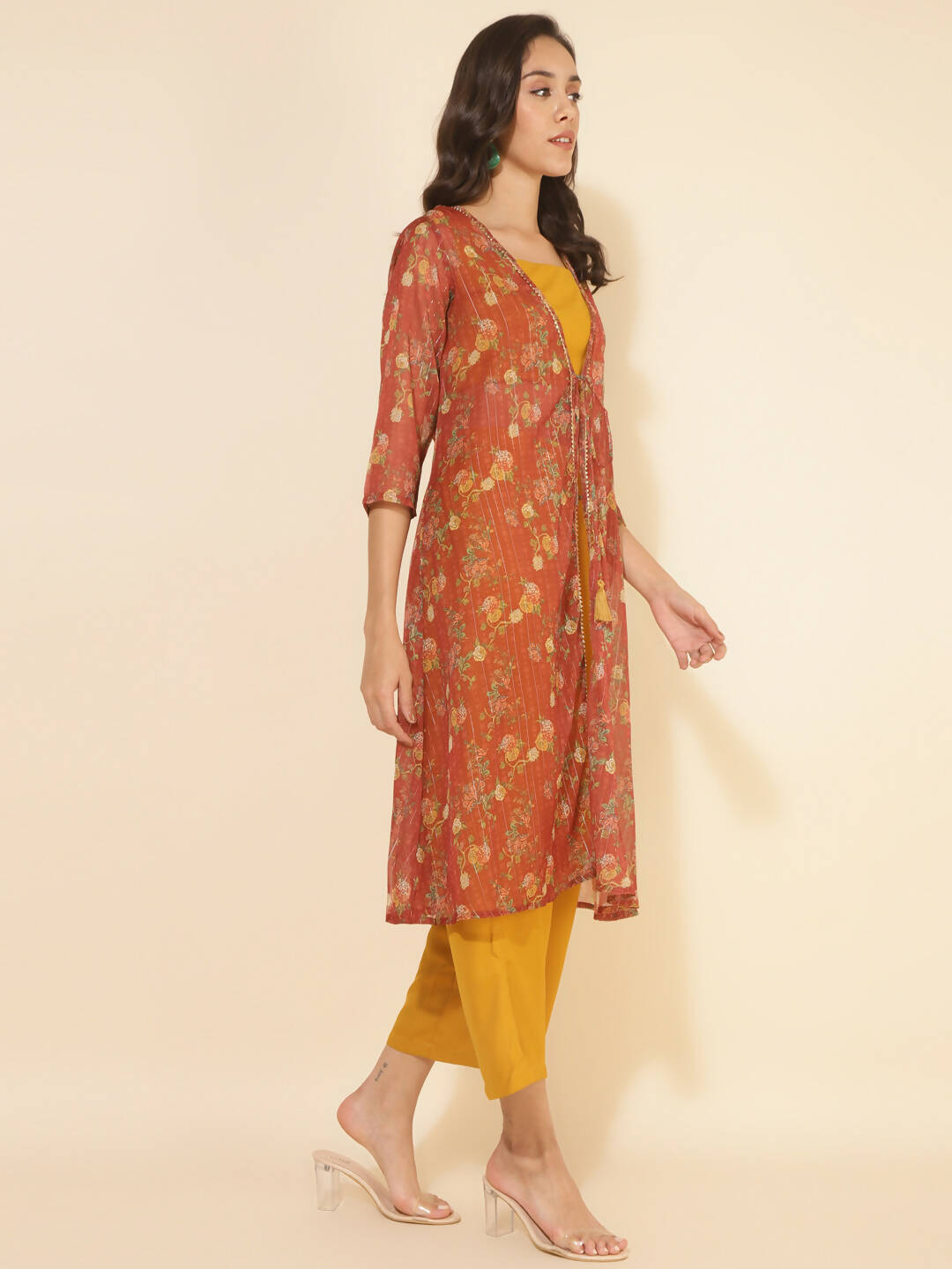 Janasya Women's Mustard Moss Solid Festive Crop Top Set
