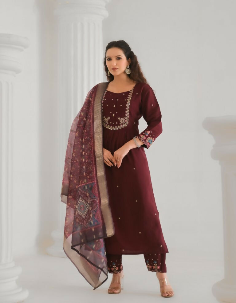 Festive Ethnic Viscose Chanderi Maroon Stitched Suit With Dupatta - Rashmika