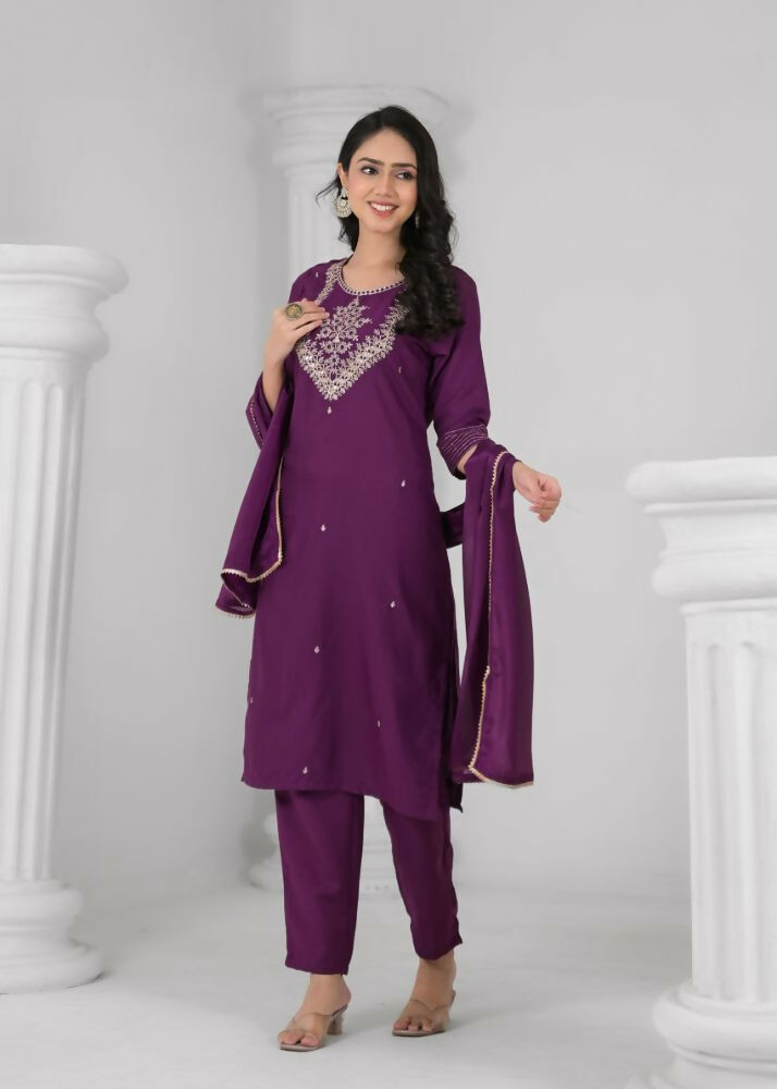 Ethnic Festive Wear Reyon Wine Stitched Suit With Dupatta - Tanisha