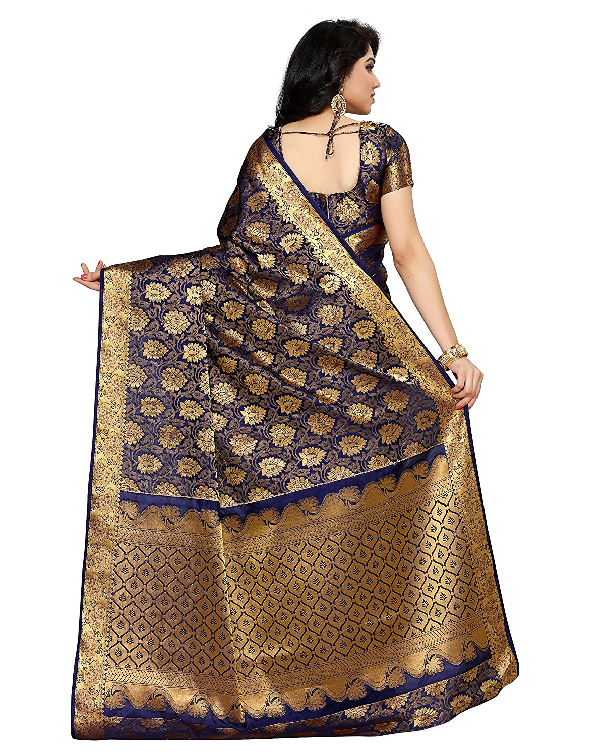 Mimosa Women's navy Blue Kanchipuram Silk Saree With Unstitched Blouse Piece