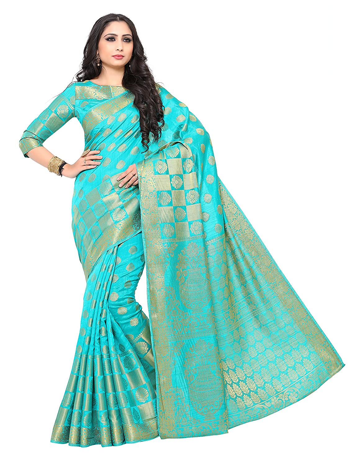 Mimosa Women's Turquoise Blue Woven Art Silk Saree With Blouse Piece