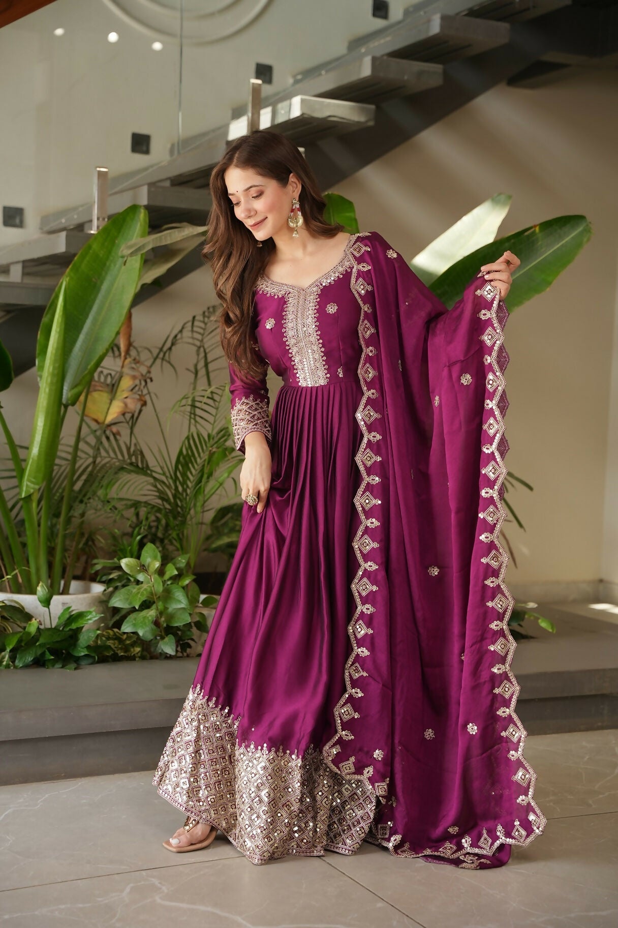 Teeya Creation Rani Color Heavy Crush Silk Wedding Wear Embroidery Work Long Gown