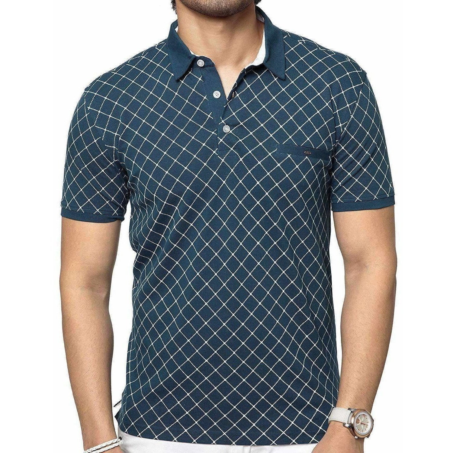Men's Cotton Printed Green Polo Tshirt Half Sleeve