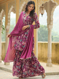 Janasya Purple Georgette Floral Kurta,Bottom & Dupatta