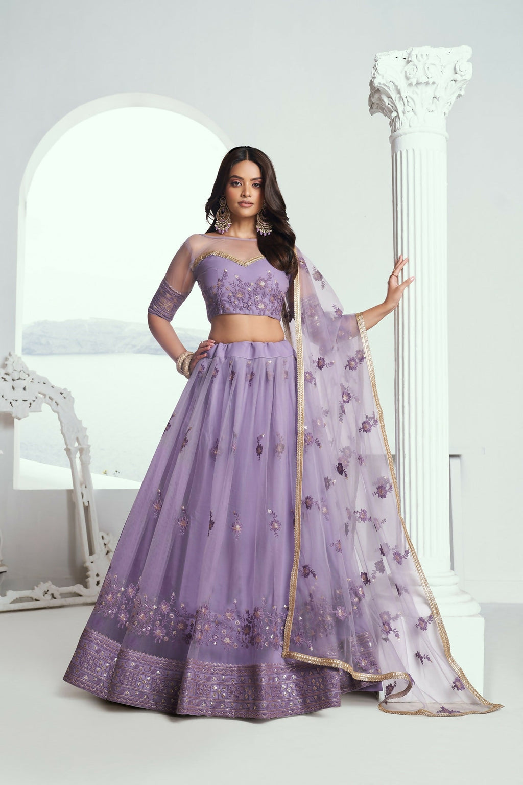 Eilara Elegance Lavender Net With Embroidered And Thread Zari Sequence Function Wear Lehenga Choli