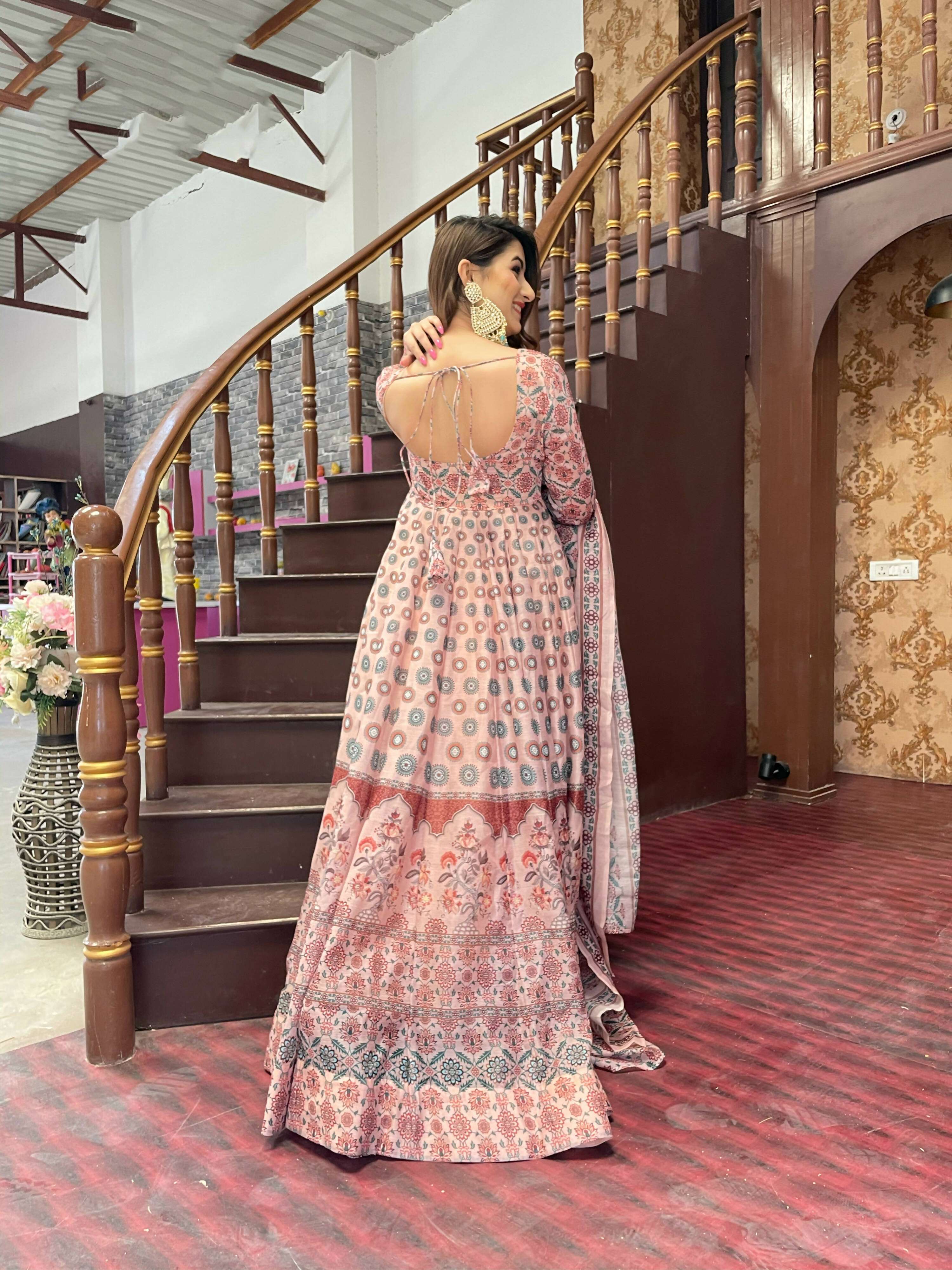 Partywear Designer Peach Chanderi Suit - Anbazaar