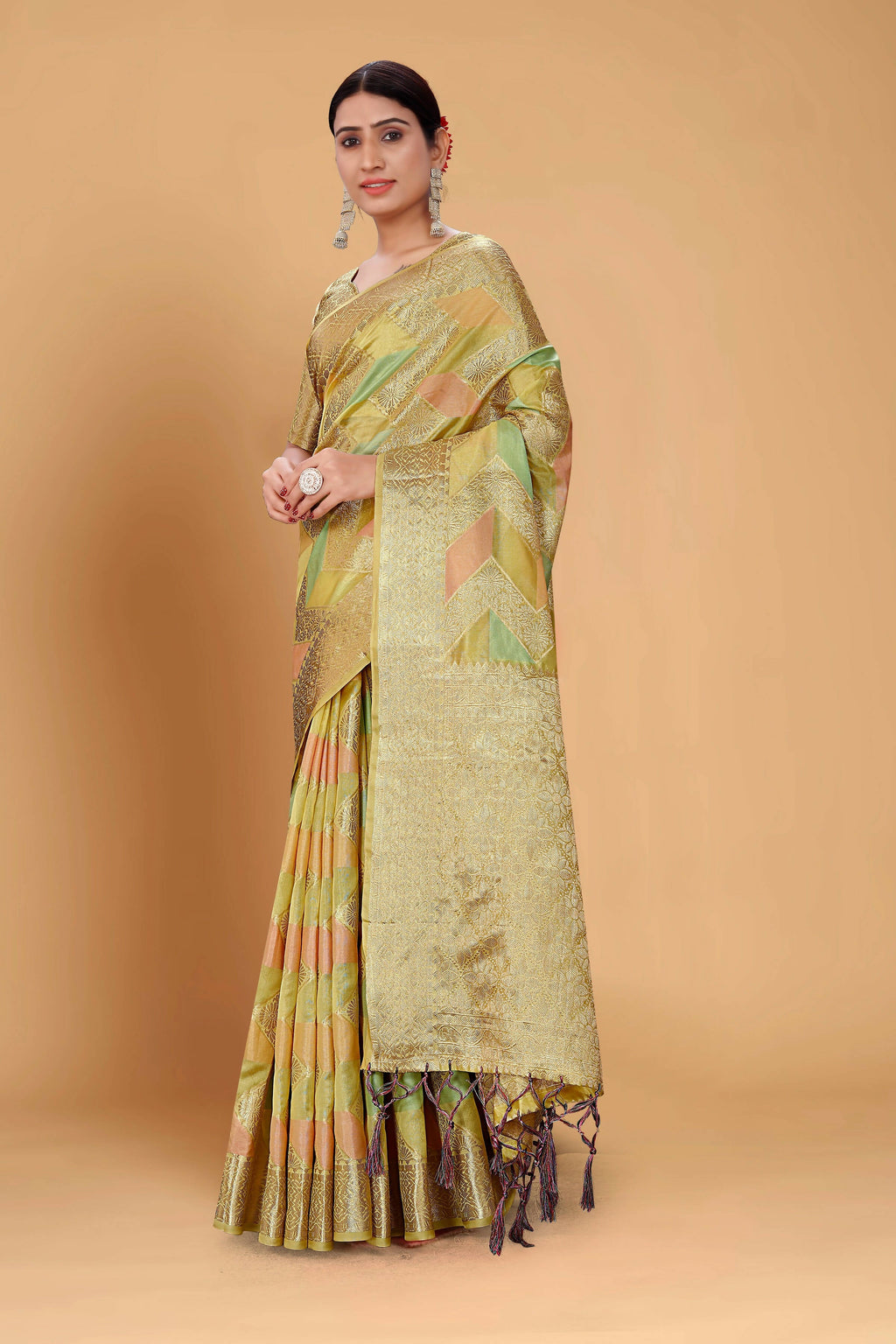 Pista Soft Organza Woven Design Saree With Unstitched Blouse Piece - Zaara