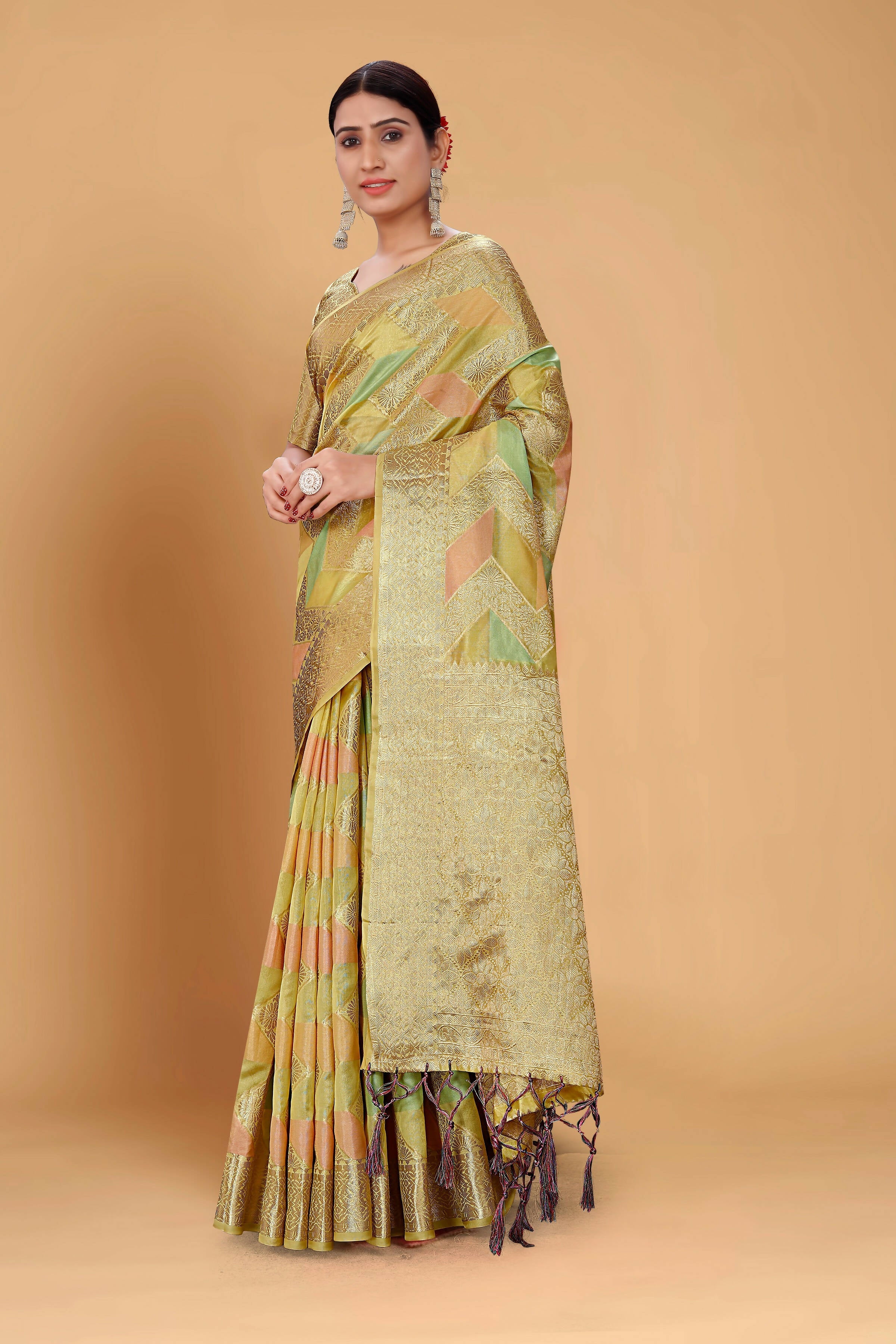Pista Soft Organza Woven Design Saree With Unstitched Blouse Piece - Zaara