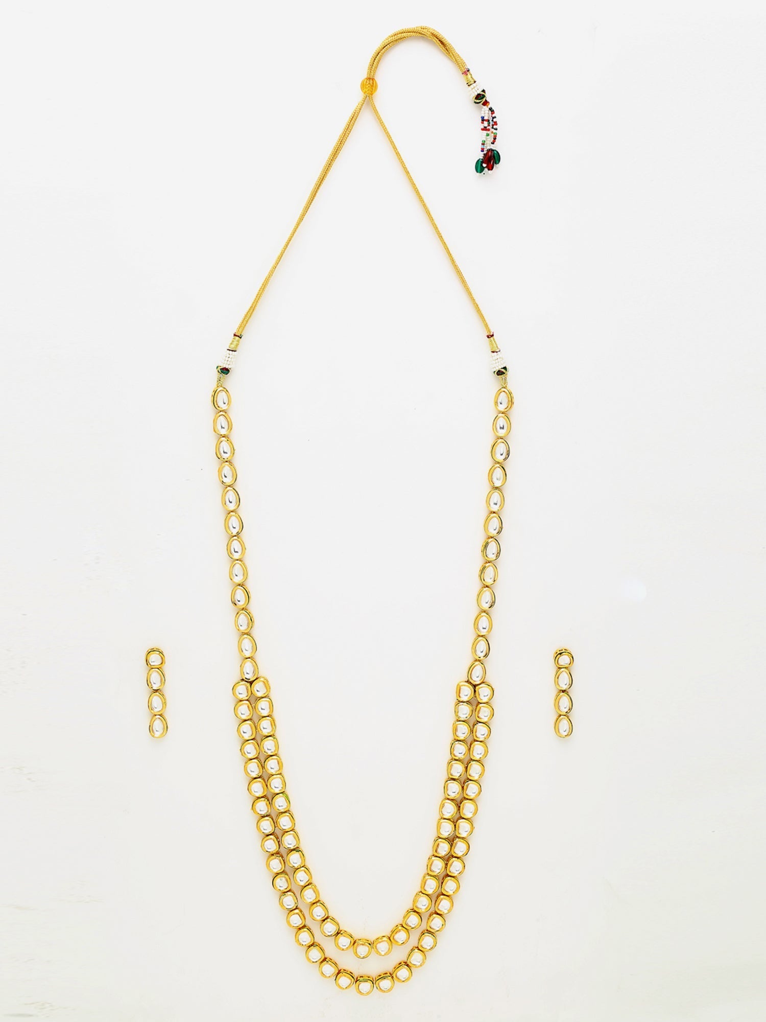 Gold-Polished Long Kundan Neckpiece With Earrings - Ruby Raang