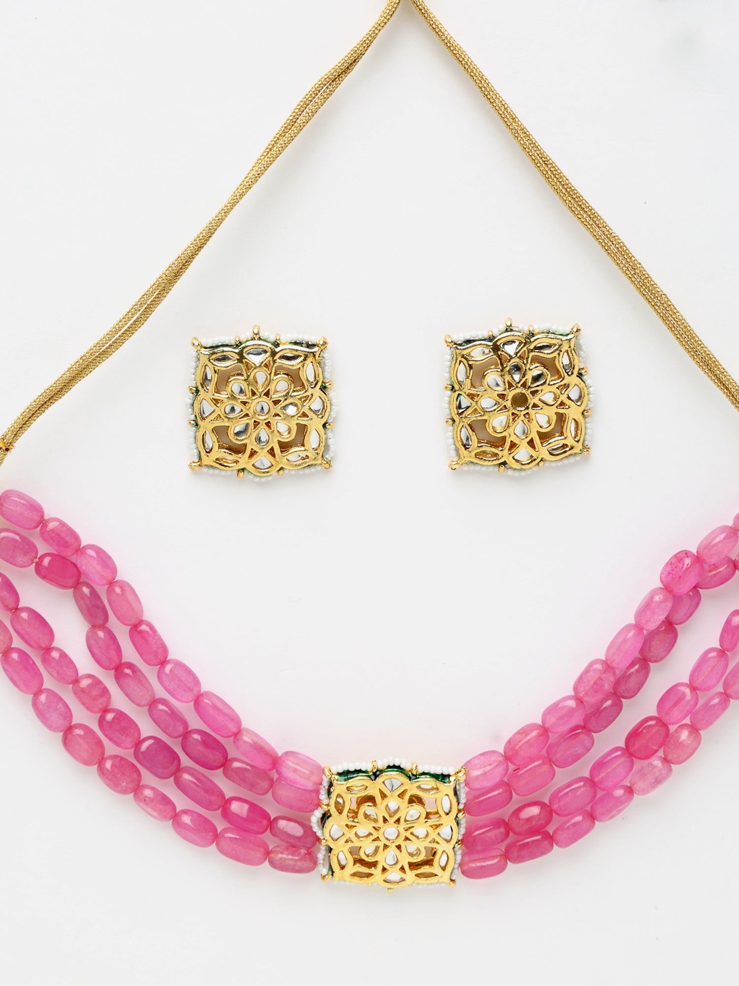 Gold-Polished Pink Kundan Choker With Studs - Ruby Raang