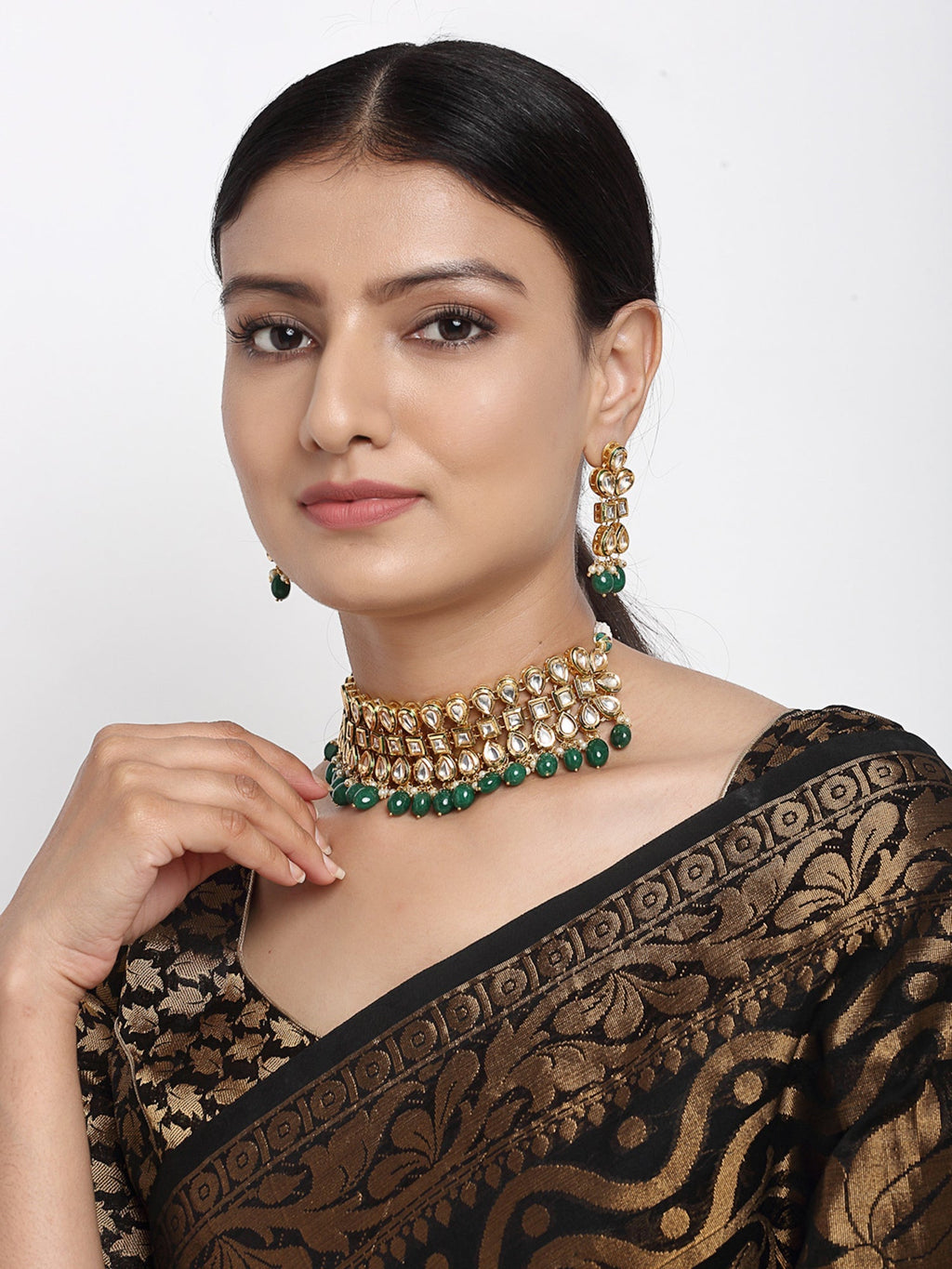 Stone Kundan Choker With Earrings - Ruby Raang