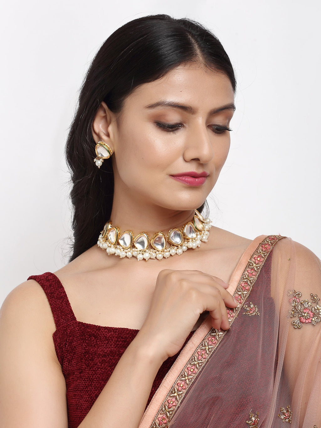 Kundan Choker With Studs - Ruby Raang