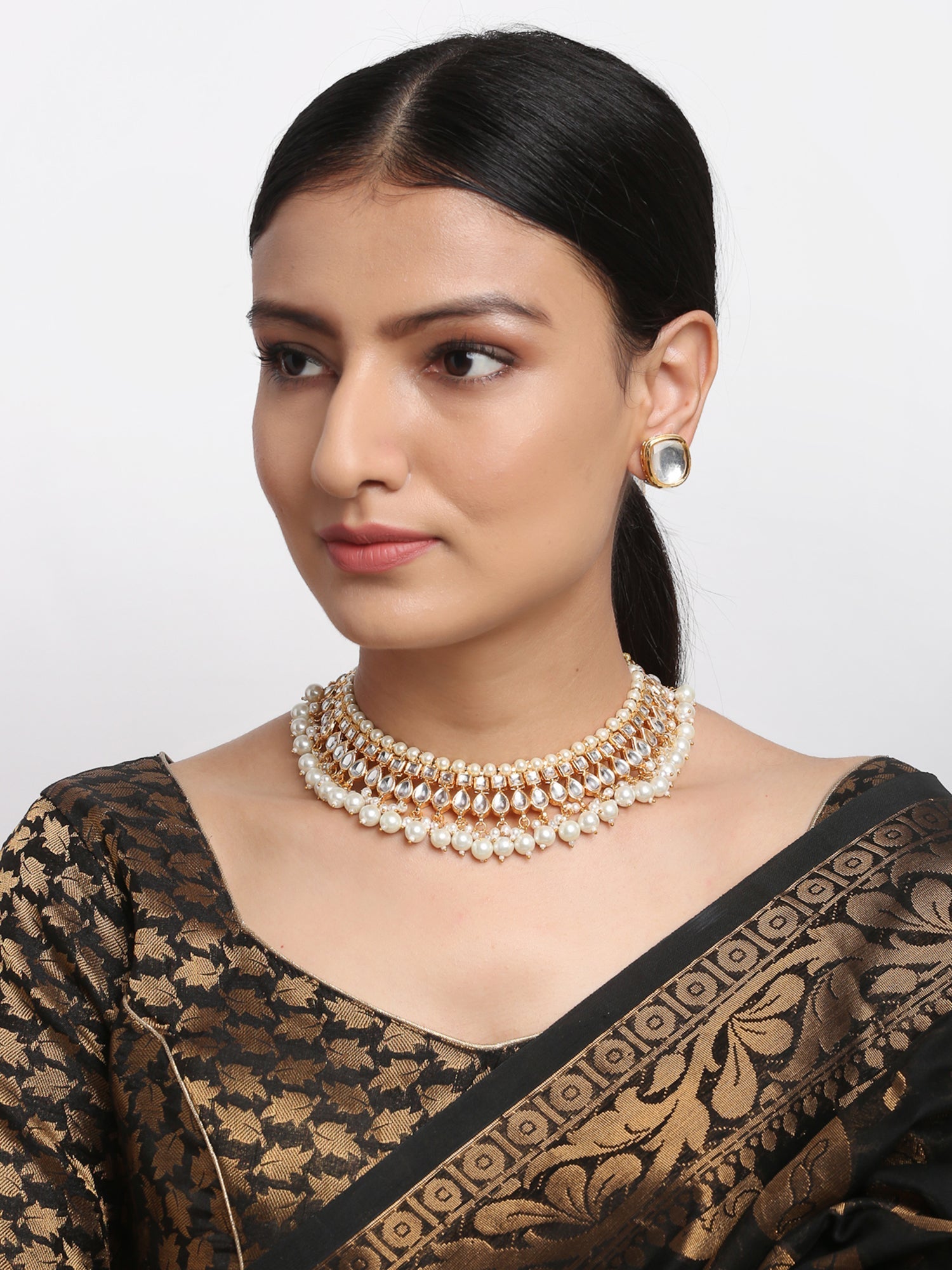 Kundan Choker With Pearls & Studs - Ruby Raang