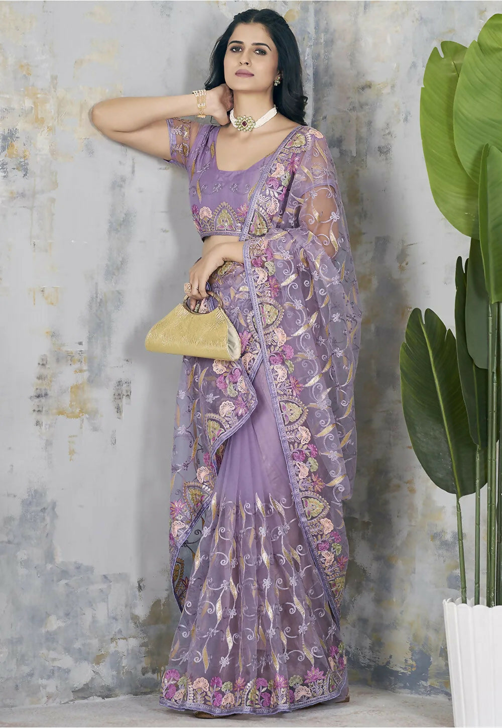 Vastranavya Soft Crush Georgette With Embroidery and Foil Multi Thread Work Saree - Lavender