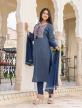 Kaajh Women's Blue Embroidered Cotton Suit Set